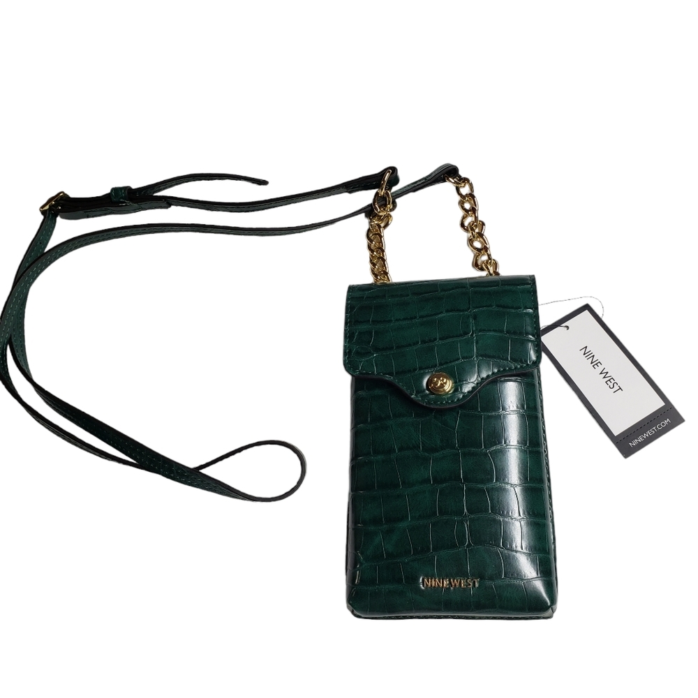 Nine West Cell Phone Crossbody bag wallet mini bag forest green chain adjustable - Picture 2 of 4